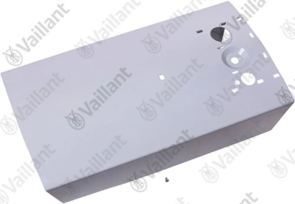 Weißes Metallgehäuse von Vaillant mit Ausschnitten, darunter ein Loch und mehrere rechteckige Öffnungen. Ein kleiner Schraubenzugang ist sichtbar.